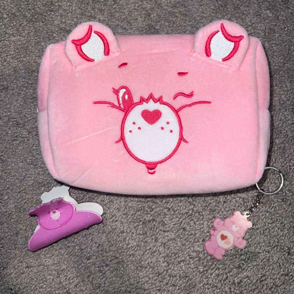 Pink Care Bear Plush Cosmetic Bag with Keychain and Clip